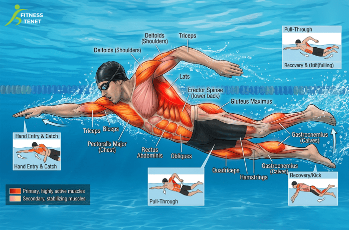 what muscles does swimming work